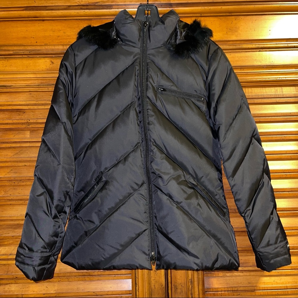 New BEBE Rabbit-Fur-Trim Hooded Puffer jacket Coat Black